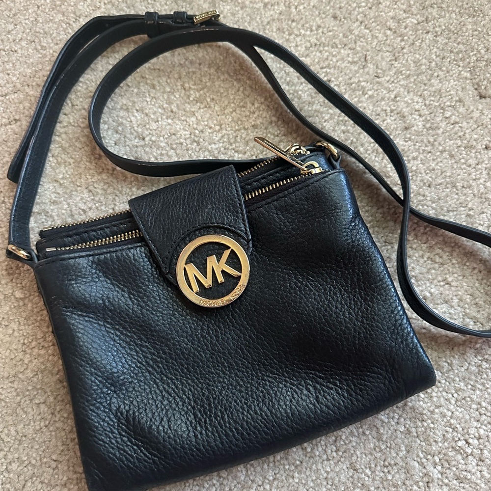Michael Kors Black Pebbled Leather Crossbody Bag with Gold Accents